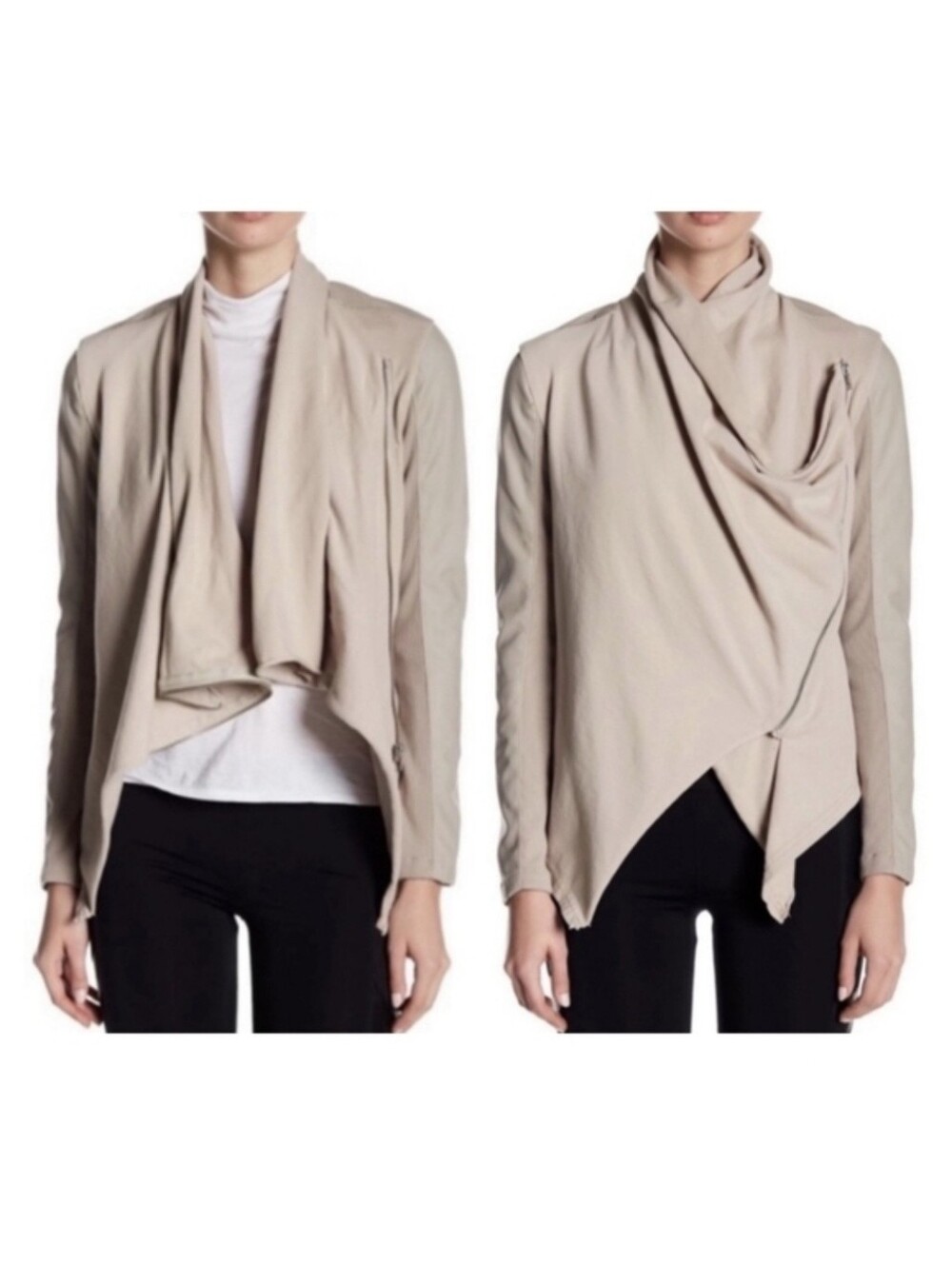 Blank NYC Suede Faux Leather Cream Moto Cowl Drape Neck Asymmetrical Jacket